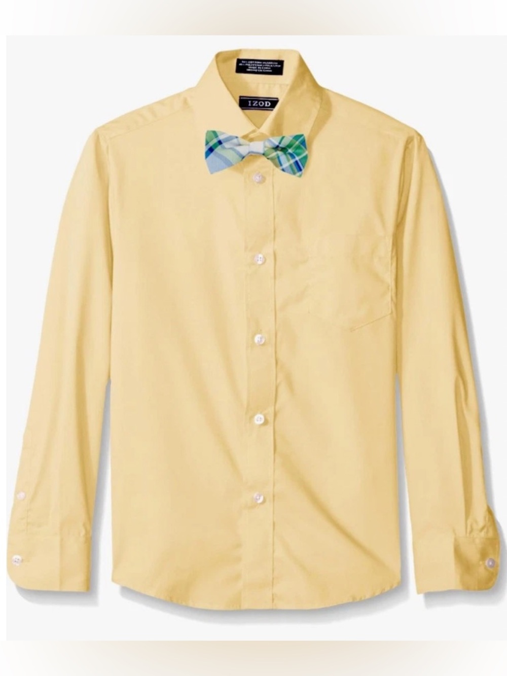 NWT IZOD Boys Long Sleeve Yellow Button Down Dress Shirt & Plaid Bow Tie Set 20